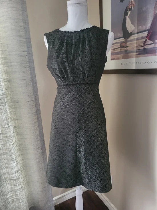 Anne Klein - Sleeveless Textured Fit & Flare Dress - Charcoal Grey/Black - Picture 1 of 5